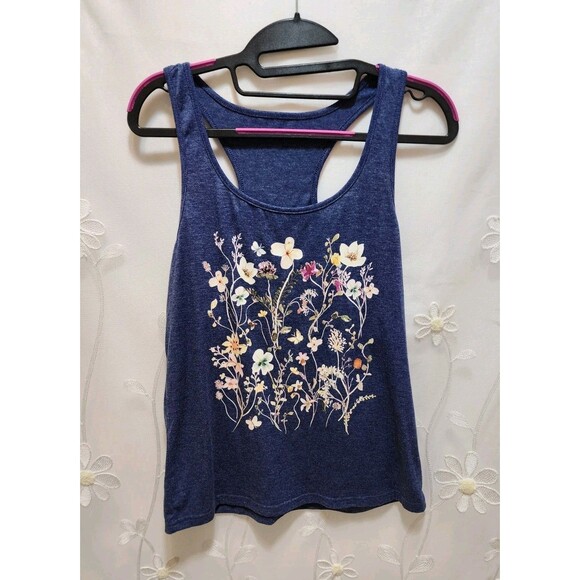 Womens Blue Medium Tank Top Racer Back Boho Floral Bloom Summer Garden Grapic - Picture 1 of 11